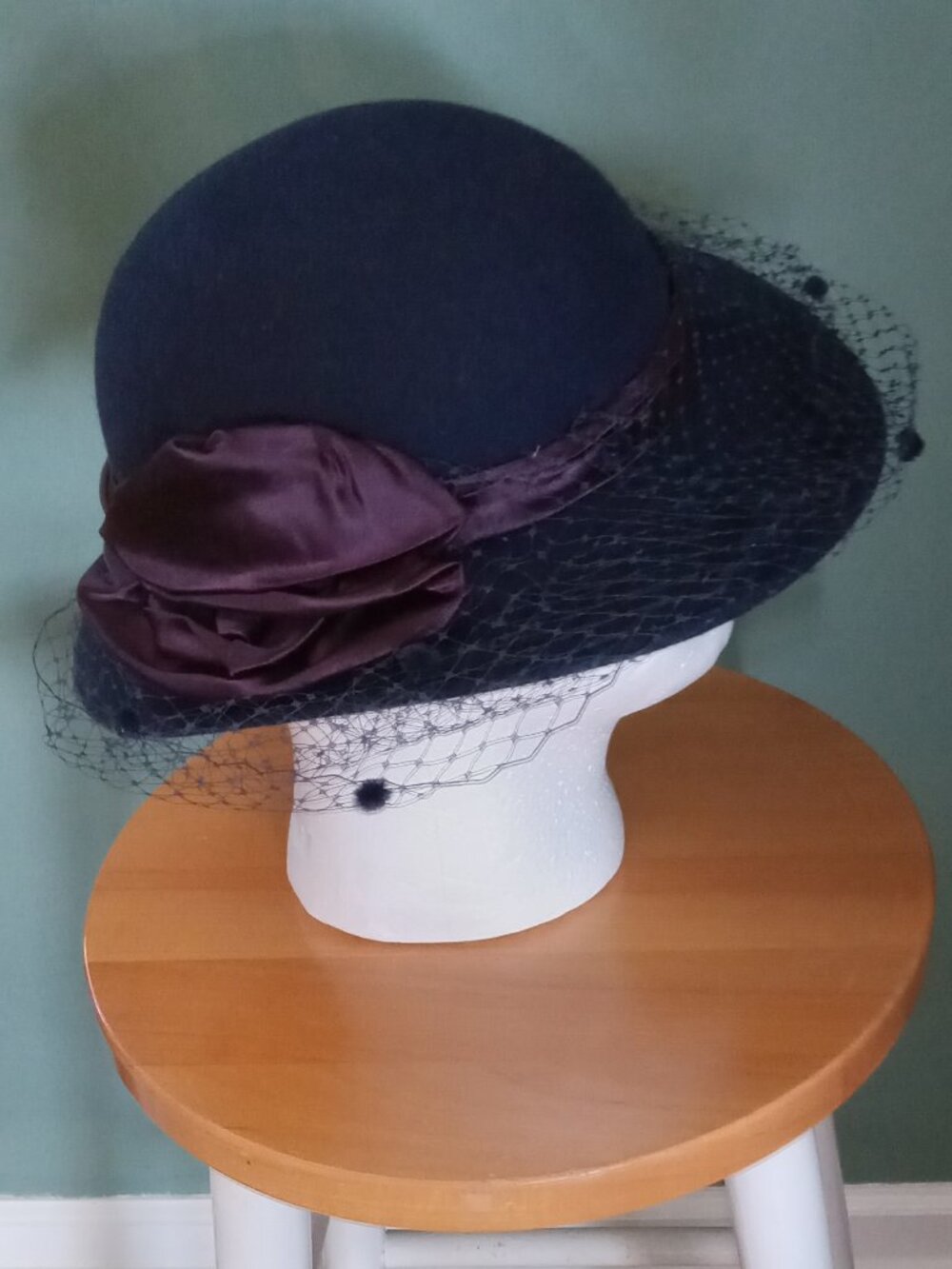 Veiled/Ribboned Navy Wool "Church Hat" by Michael Howard - Picture 8 of 10
